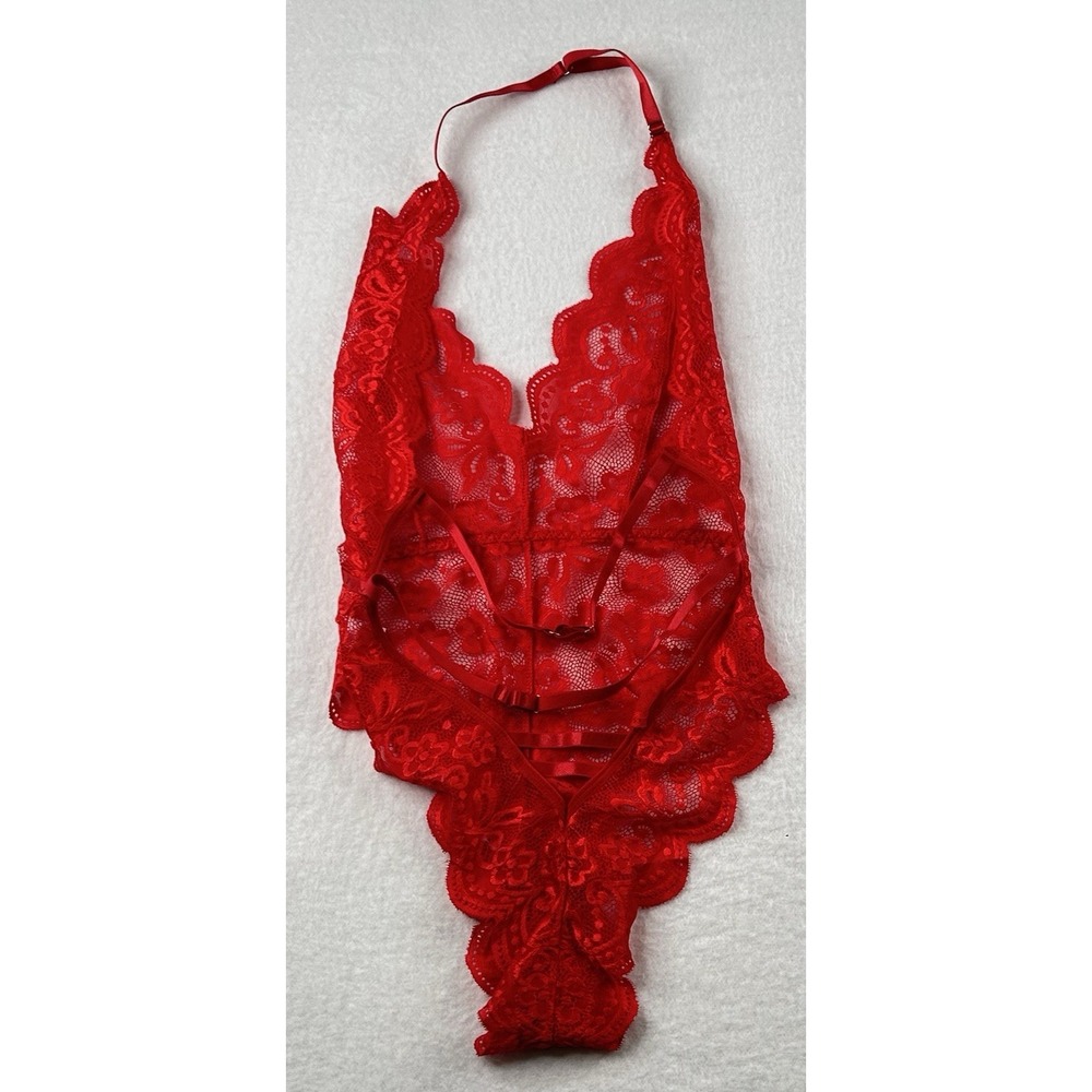 Floral Lace Halter Bodysuit‎ Plunging Neckline Low Back Adjustable Red M - Picture 7 of 14